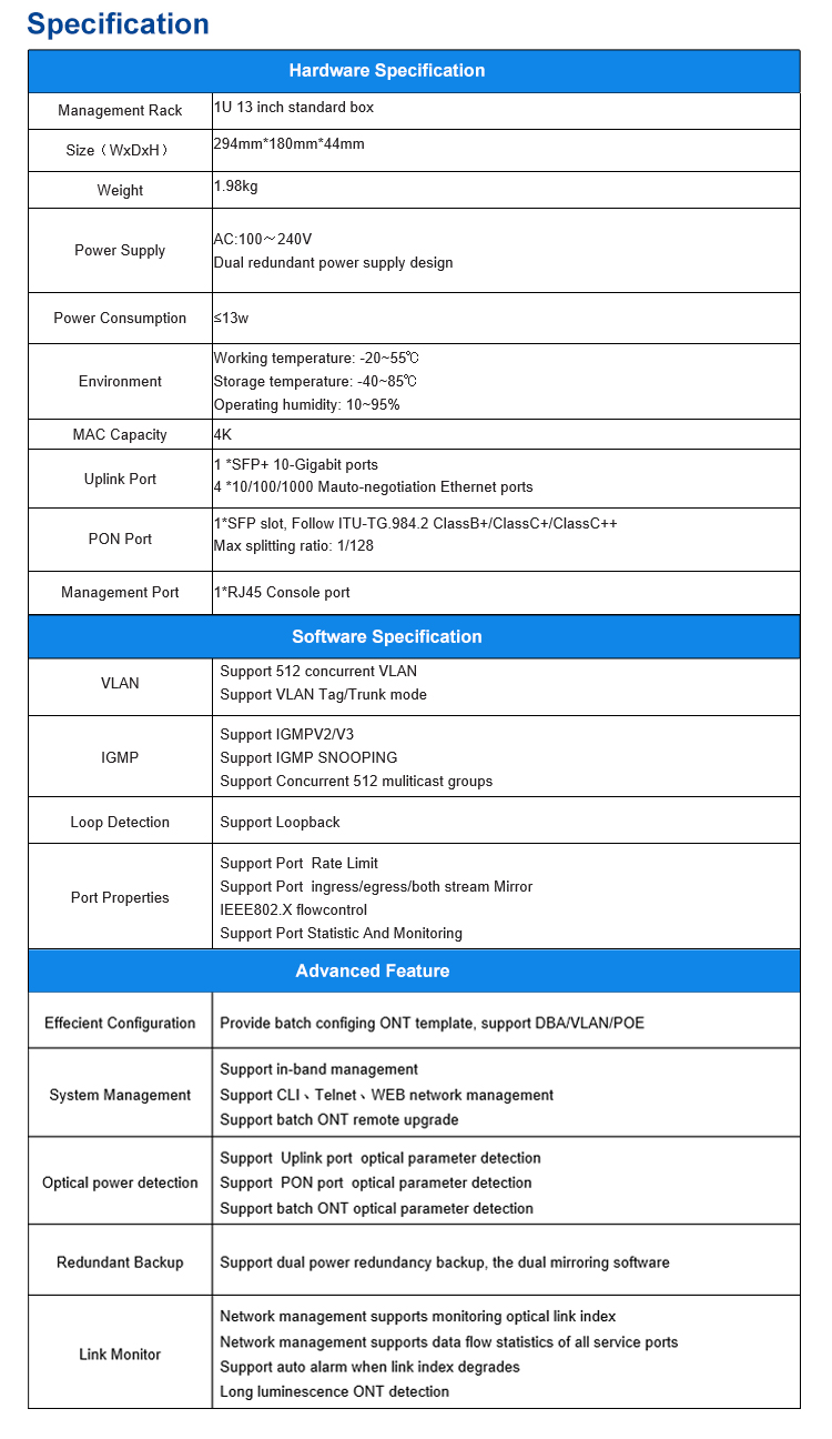 QT7001 GPON OLT hardware and software specification table
