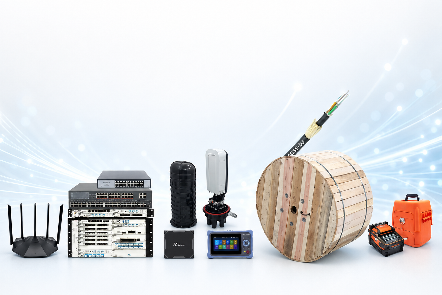 Fibre optic and telecom equipment range on a light background — OLT chassis, PoE switches, ONU, splice closure, OTDR, fibre cable drum, fusion splicer and tools