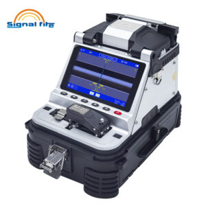 AI 20 optical fiber fusion splicer in a rugged black carry case, colour screen lit with fibre alignment view and keypad