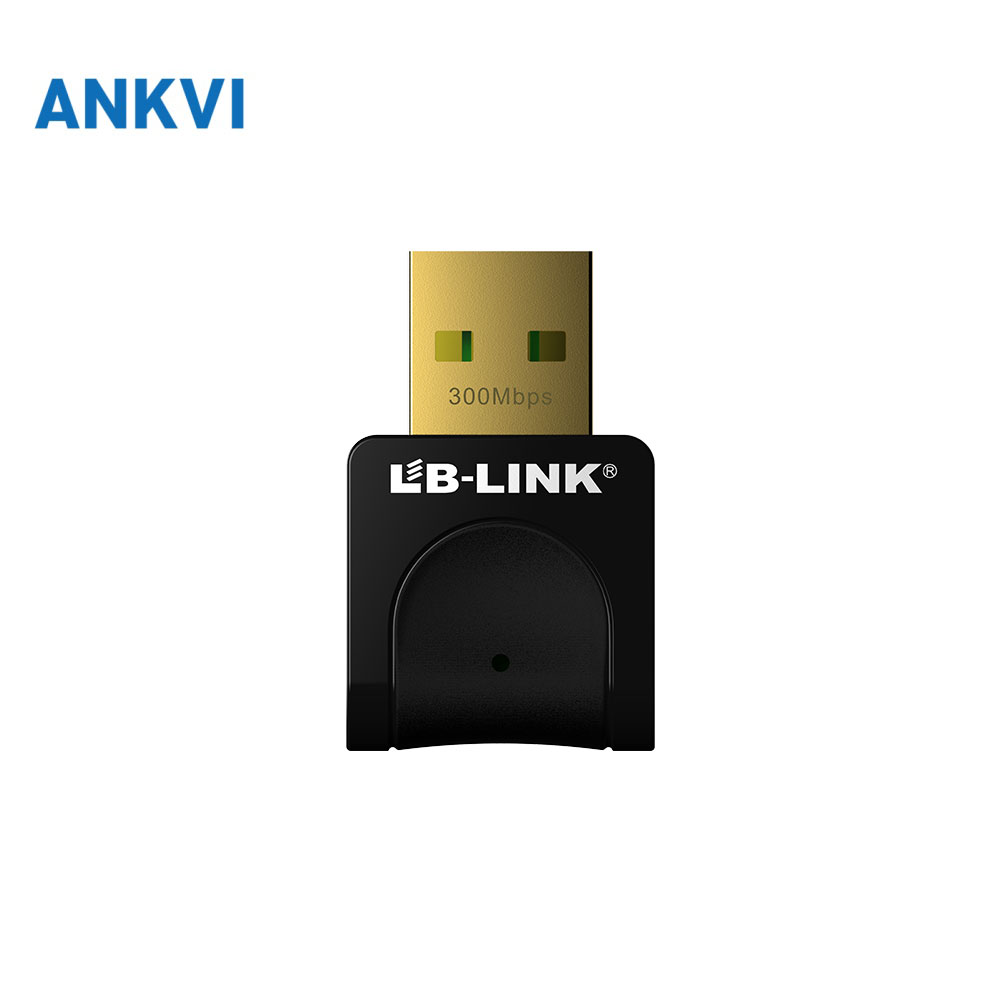 BL-WN351 mini USB Wi-Fi adapter, front view of LB-LINK housing with gold USB-A plug