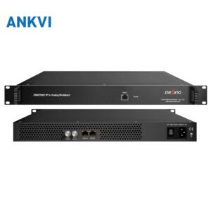Front and rear views of the DSM2500C IP to analog modulator rack chassis