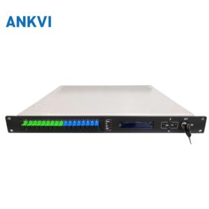 EDFA-1U-8-16P 1U 19-inch rack front panel with optical port array, LCD screen and fibre pigtail