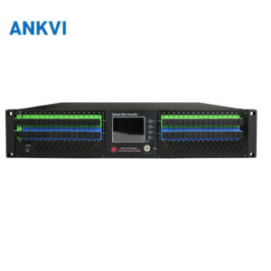 EDFA-2U-56EYA-16P 2U rack front panel with two rows of green optical output ports and LCD screen