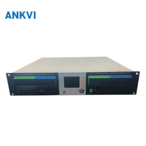 EDFA-2U-077EYA-32P 2U rack chassis front panel with LCD and green pump indicator bars either side of the screen
