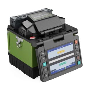 EX39 handheld FTTx fusion splicer in olive green, three-quarter view with the loss estimate screen open