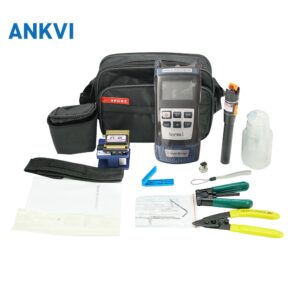 GJ.0032 FTTH fiber optic toolkit laid out with power meter and FC-6S cleaver