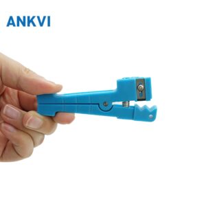 GJ.0053 blue coaxial cable stripper held in hand with the blade block visible