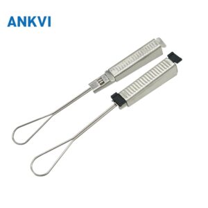 GJ.0086 FTTH anchor clamp, two stainless steel clamps with wire bails on white