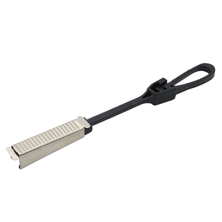 GJ.152 nylon cable clamp, black body with a ridged jaw and loop strap