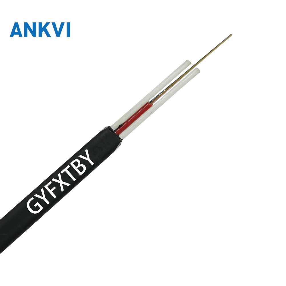 GYFXTBY cable with stripped jacket showing the loose tube and optical fibers in a printed black sheath