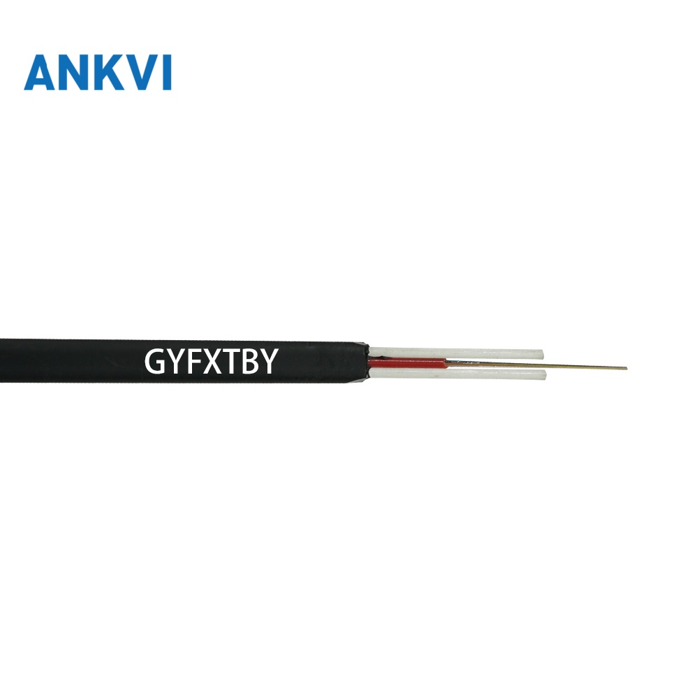 GYFXTBY horizontal black cable with a short stripped end showing fibers and loose tube