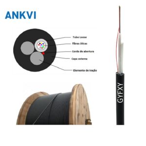 GYFXY cable cross-section diagram with French labels beside the black cable wound on a wooden reel