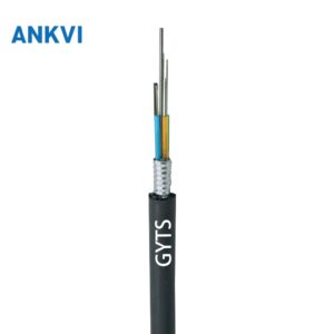 GYTS armoured loose tube cable segment with exposed strands, black jacket printed GYTS