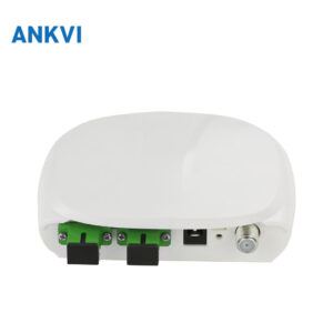 HS-OR19 FTTH optical receiver opened housing showing green PCB, optical ports and RF output connector