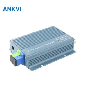 HS-OR20 FTTH optical receiver in blue finned aluminium housing with green and blue optical ports and F connectors