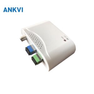 HS-OR21W FTTH optical receiver, angled view of the white housing with RF output, WDM optical ports and power socket
