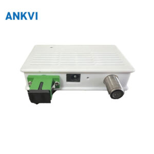 HS-OR22 FTTH optical receiver, white housing front view with green optical input port, DC jack and RF output connector