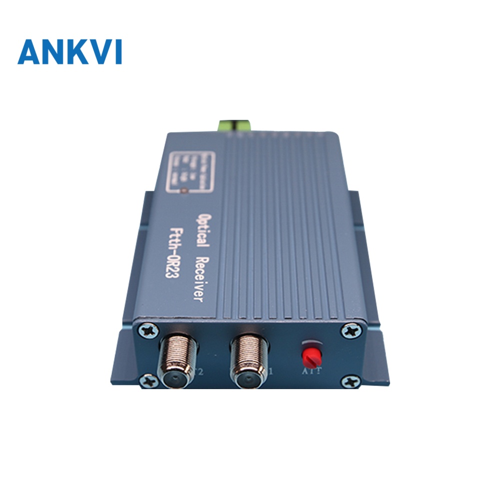 HS-OR23 receiver front panel with dual RF output connectors, red RF ATT port and green optical connector