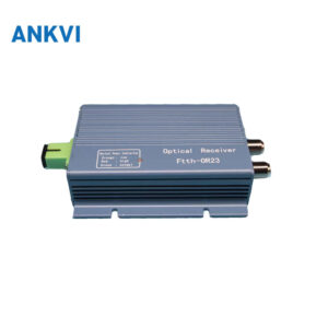 HS-OR23B receiver shown at an angle with optical input connector and two RF output ports on the aluminium housing