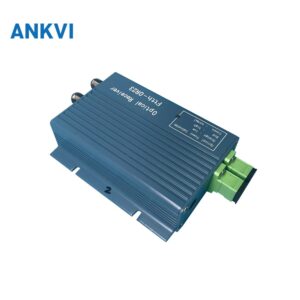 HS-OR23W receiver at an angle showing the ribbed aluminium housing, optical input and RF output ports