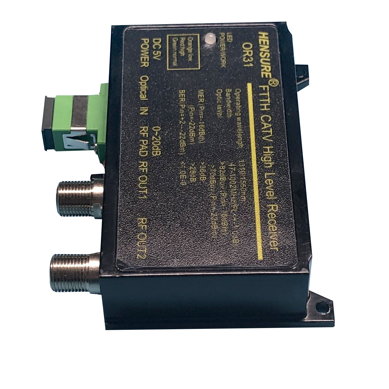 HS-OR31 FTTH optical receiver angled view with green Optical IN port and two RF output connectors