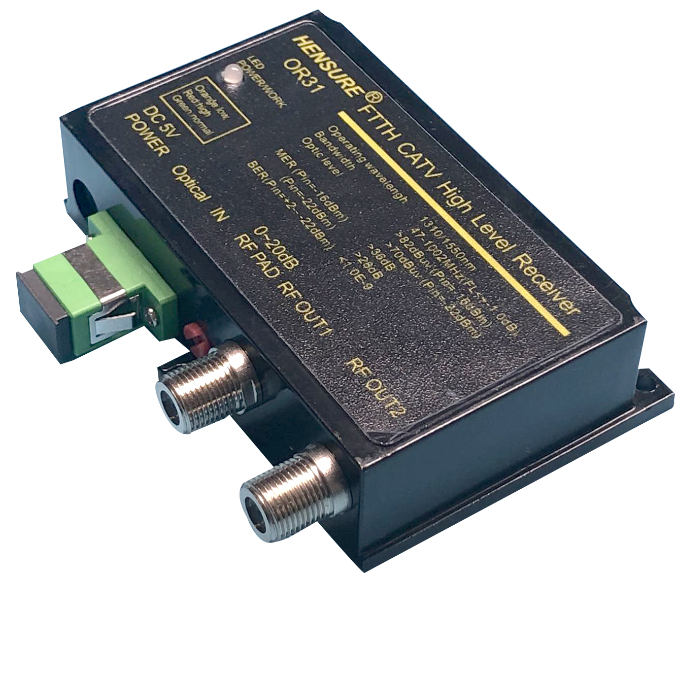 HS-OR31 FTTH optical receiver front view with Optical IN, RF PAD and RF OUT1 RF OUT2 connectors on black housing