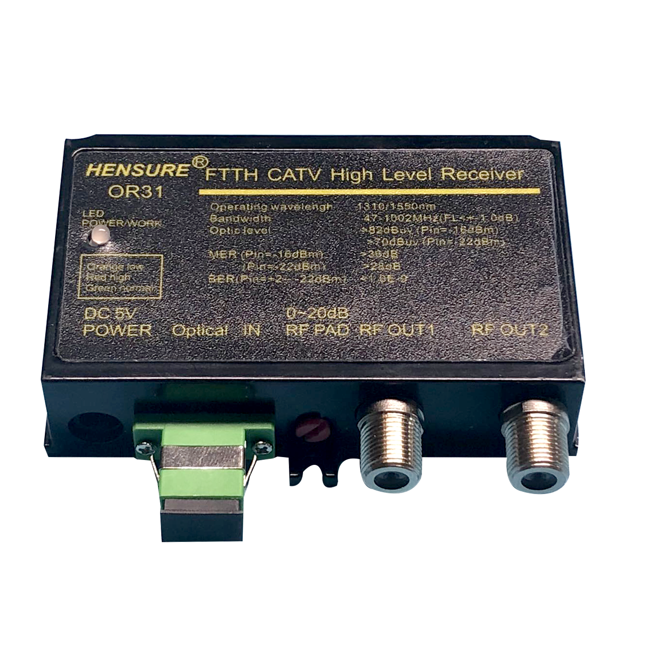 HS-OR31 FTTH optical receiver side angle view of the housing with RF OUT1 and RF OUT2 connectors