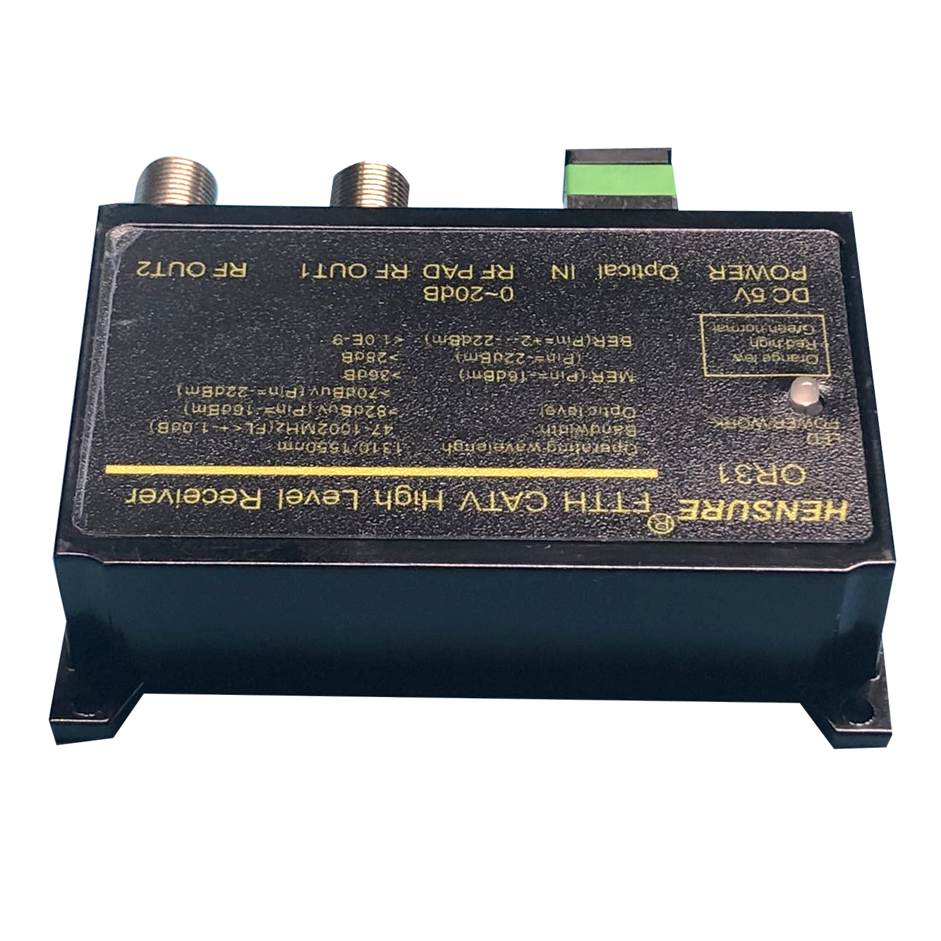 HS-OR31 FTTH optical receiver panel view showing power in, Optical IN and dual RF output ports