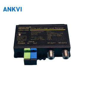 HS-OR31W FTTH optical receiver with optical IN and OUT adapters and two RF output connectors on black housing