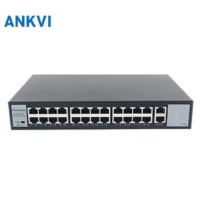 KU-5026FG 26-port Fast Ethernet PoE switch, front panel with 24 PoE ports, 2 uplink ports and 2 SFP slots