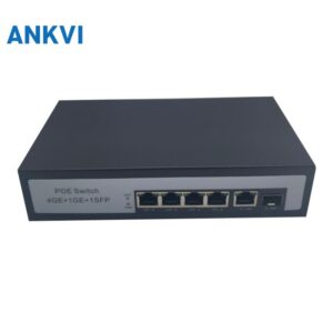 KU-6004G 6-port Gigabit PoE switch, front panel with 4 PoE ports, 1 uplink port and 1 SFP slot
