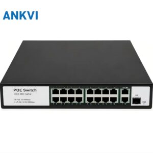 KU-7016N 16-port 10/100 Mbps PoE switch, front view of the desktop case with 16 RJ45 ports