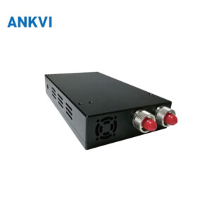 NK1000 OTDR module card with two optical ports, metal enclosure and rear connectors, angled view
