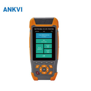 NK502 PON network state tester, orange and grey handheld showing a color menu screen