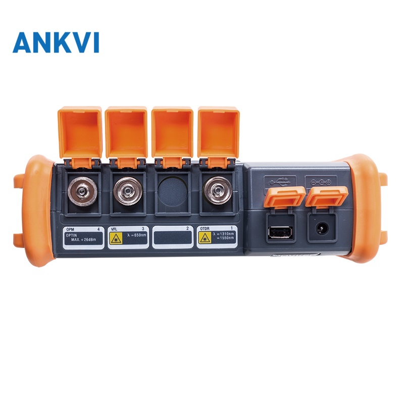 NK5600 OTDR port panel with four orange-capped optical ports and a label above them