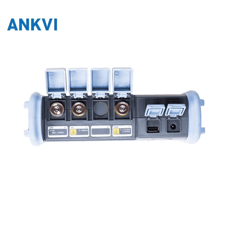 NK6000 PON OTDR top port panel with four capped optical ports, USB and power sockets