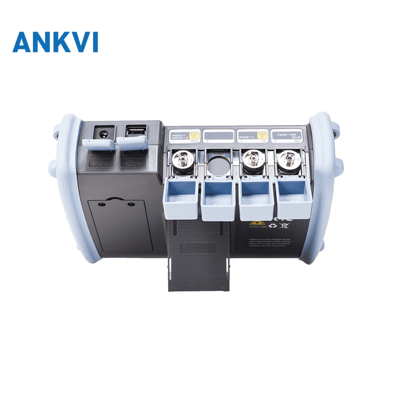 NK6000 PON OTDR underside with optical adapter ports, USB, LAN sockets and fold out stand
