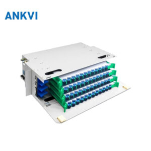 ODF.009 3U 19-inch rack-mount optical distribution frame, angled view with pull-out drawer and SC adapter rows