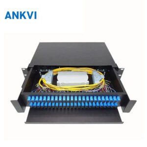 ODF.041 pull-out fiber optic terminal box, slide-out tray with blue SC adapters and pigtails