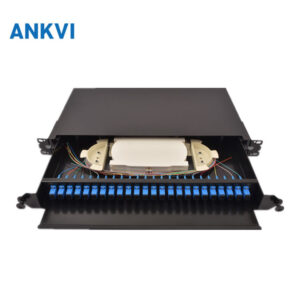 ODF.042 pull-out fiber optic terminal box, front view with blue SC/UPC adapter panel