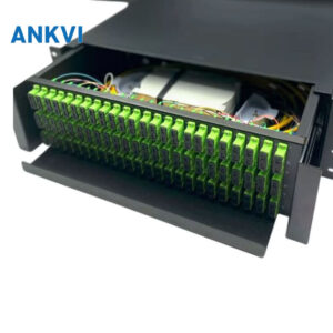ODF.050 pull-out fiber optic terminal box, slide-out tray with green SC/APC adapters and splice trays