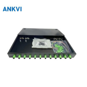 ODF.051 pull-out fiber optic terminal box, front view with green SC/APC adapter panel