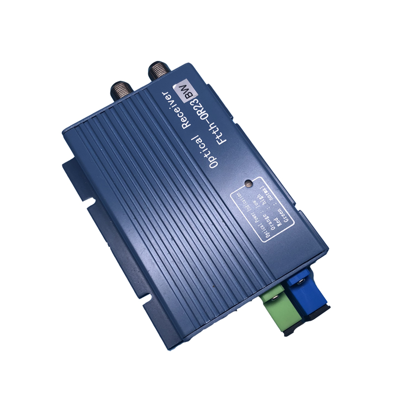 HS-OR23BW receiver at an angle showing the ribbed aluminium body, optical input and RF output connector