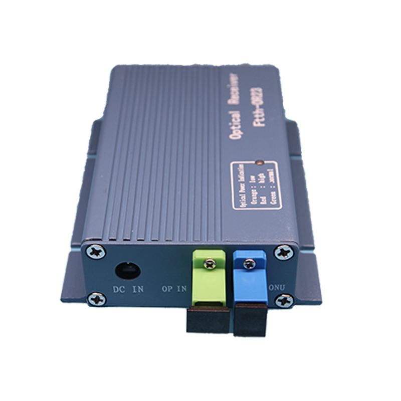 HS-OR23BW receiver front view with optical input and two RF output connectors on the blue housing