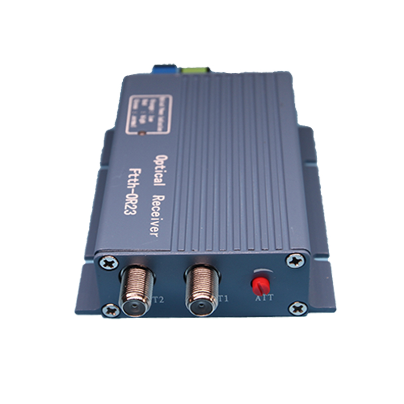 HS-OR23BW receiver mounted in a bracket with the optical input and dual RF output ports in view