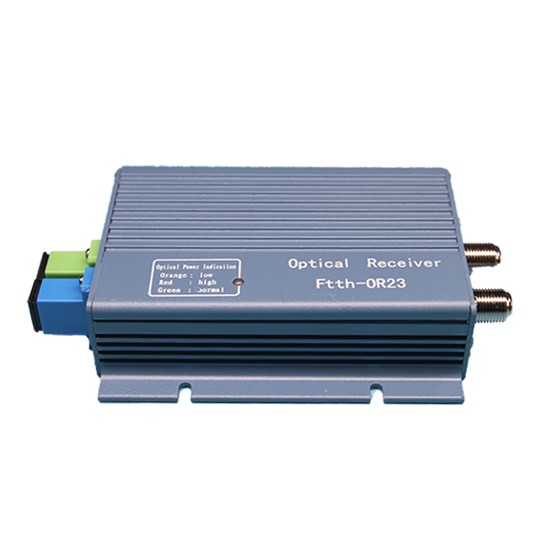 HS-OR23BW panel diagram labelling power in, optical in, AGC range, RF ATT, RF out1 and RF out2