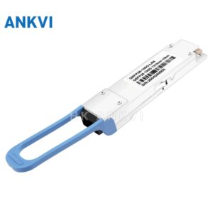 Angled top view of the 100G QSFP28 module with label and blue pull tab