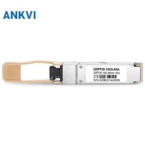 Side view of QSFP28 SR4 transceiver with beige pull-tab handle and printed product label
