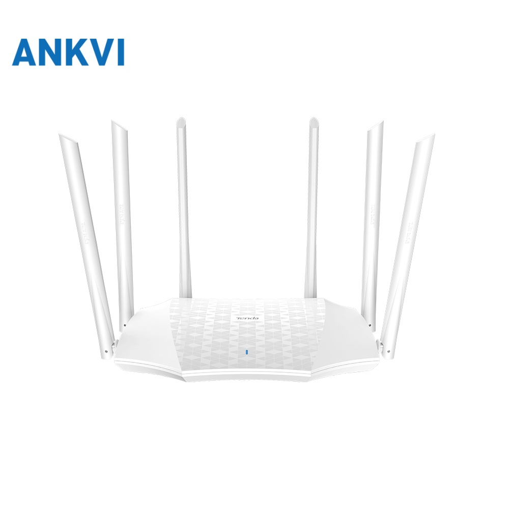 Tenda AC21 wireless router in white, three-quarter view with six external antennas