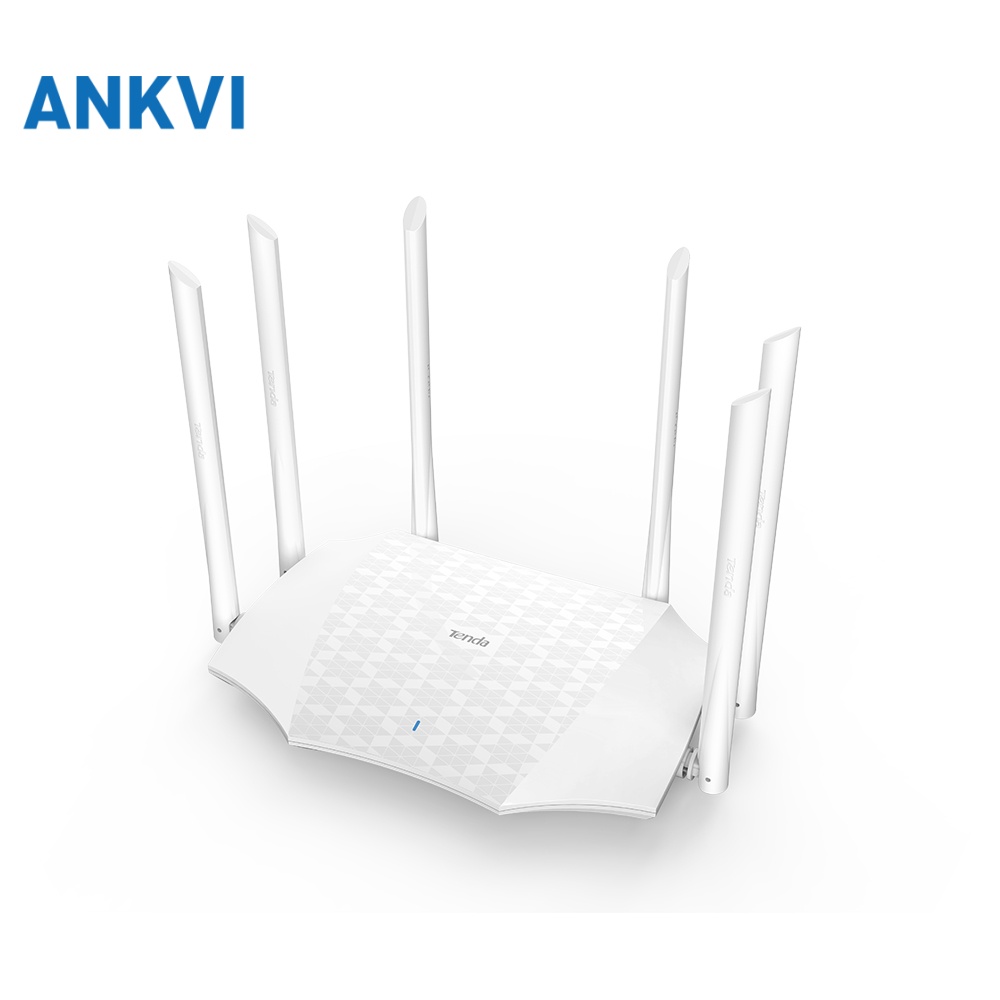 Tenda AC21 white router, angled three-quarter view with six external antennas